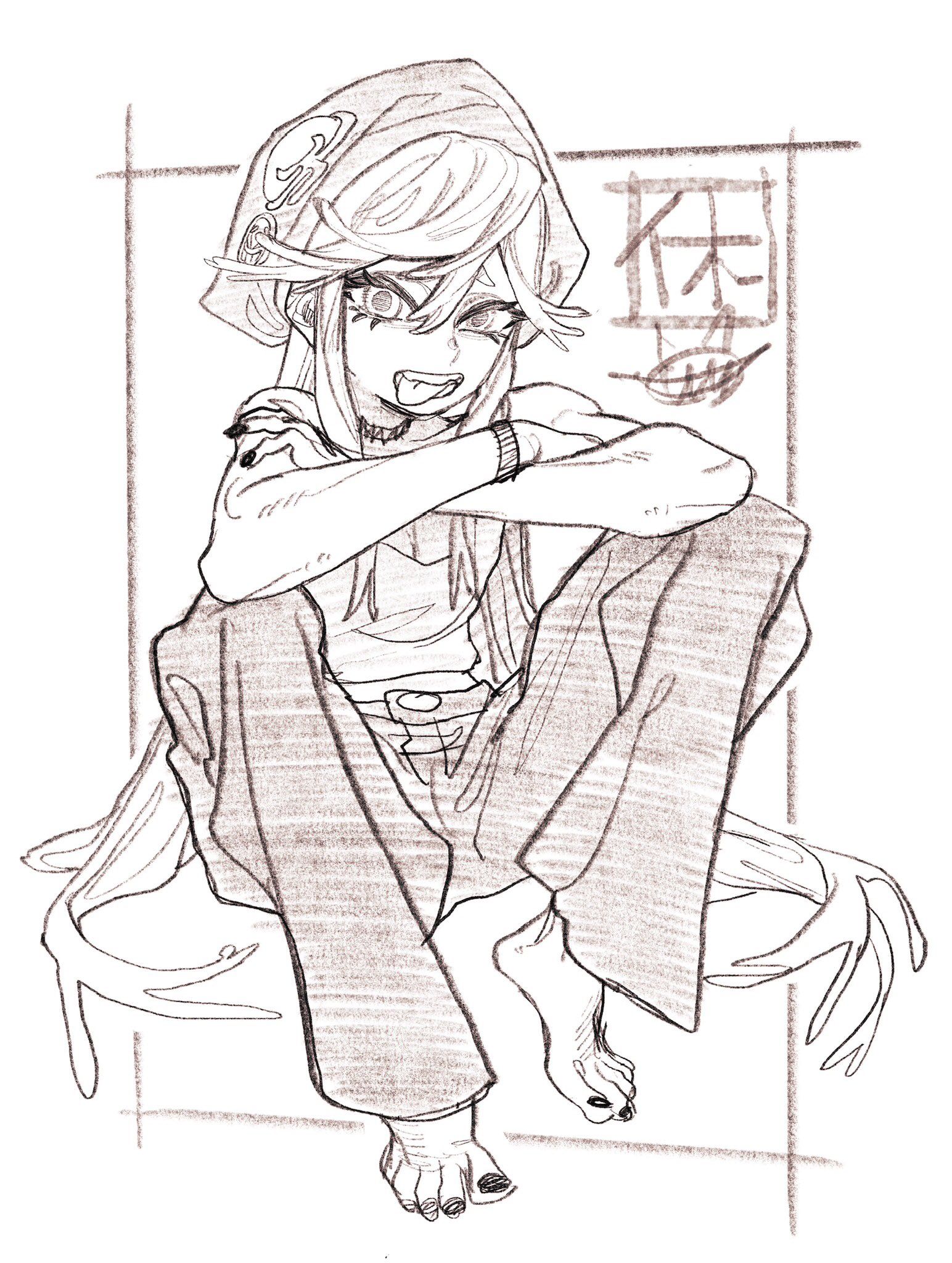 Pencil Sketch of Squatting Anime Girl