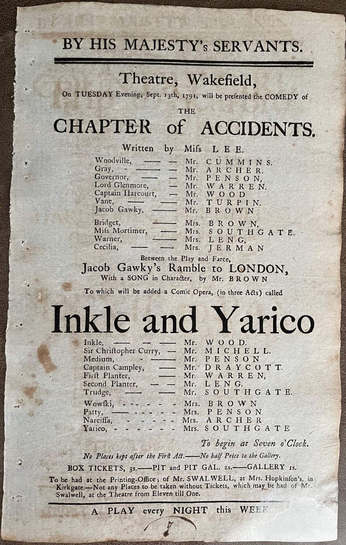 1791 Wakefield Theatre Playbill