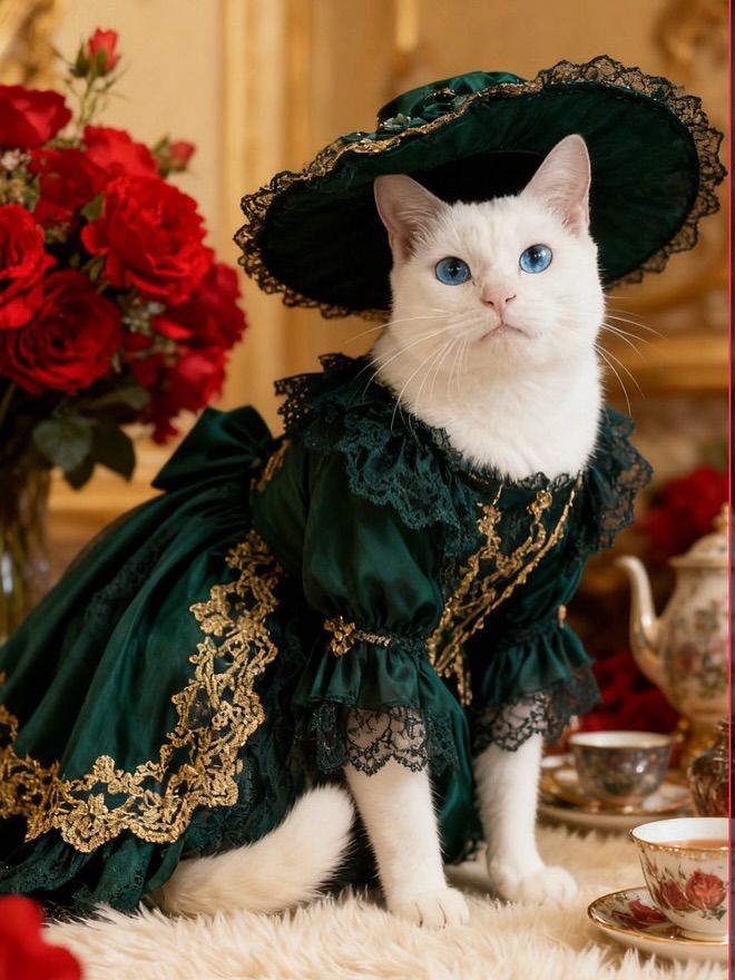 White Cat in Victorian Green Gown