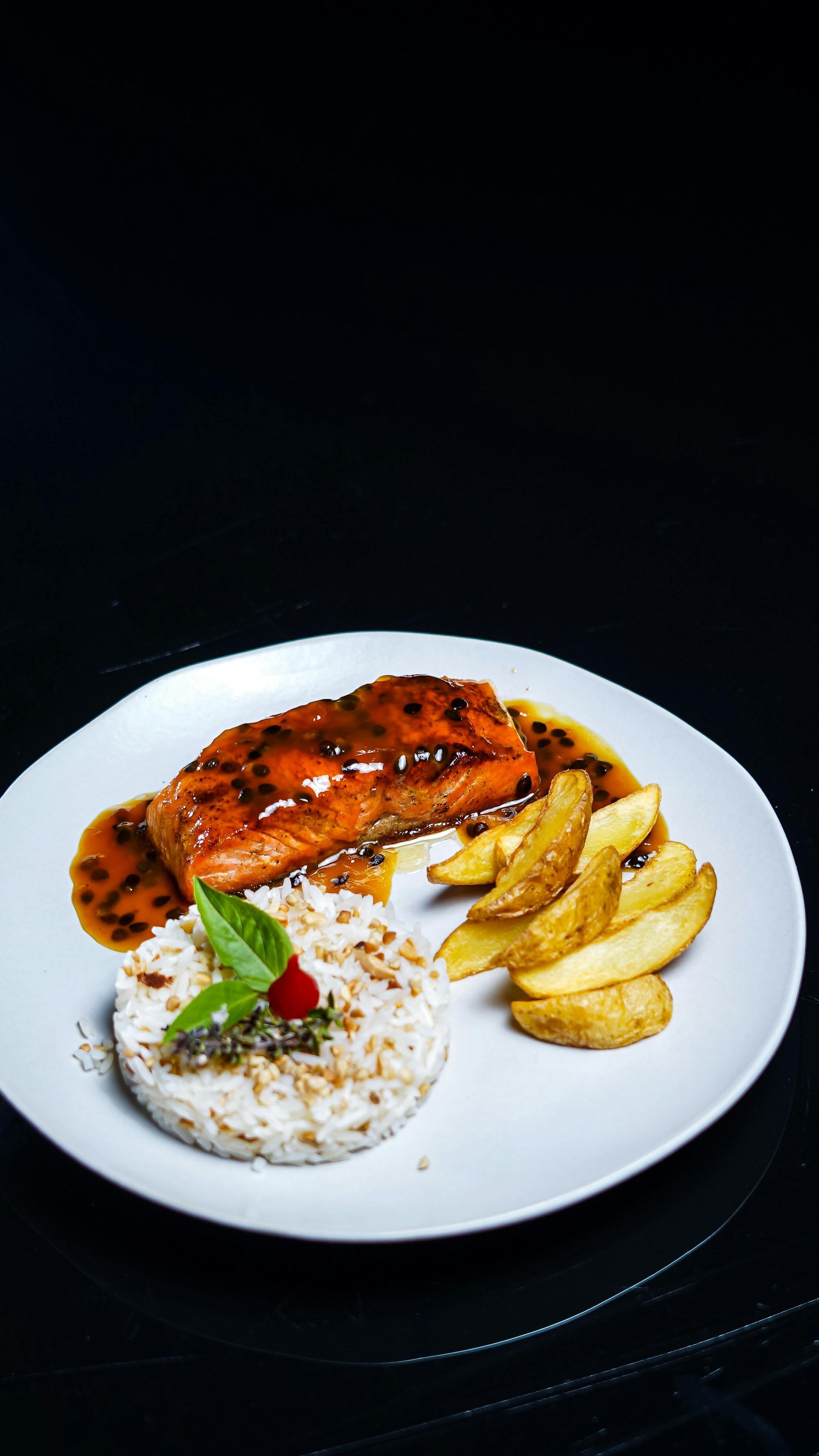 Glazed Salmon Dinner with Rice and Potatoes