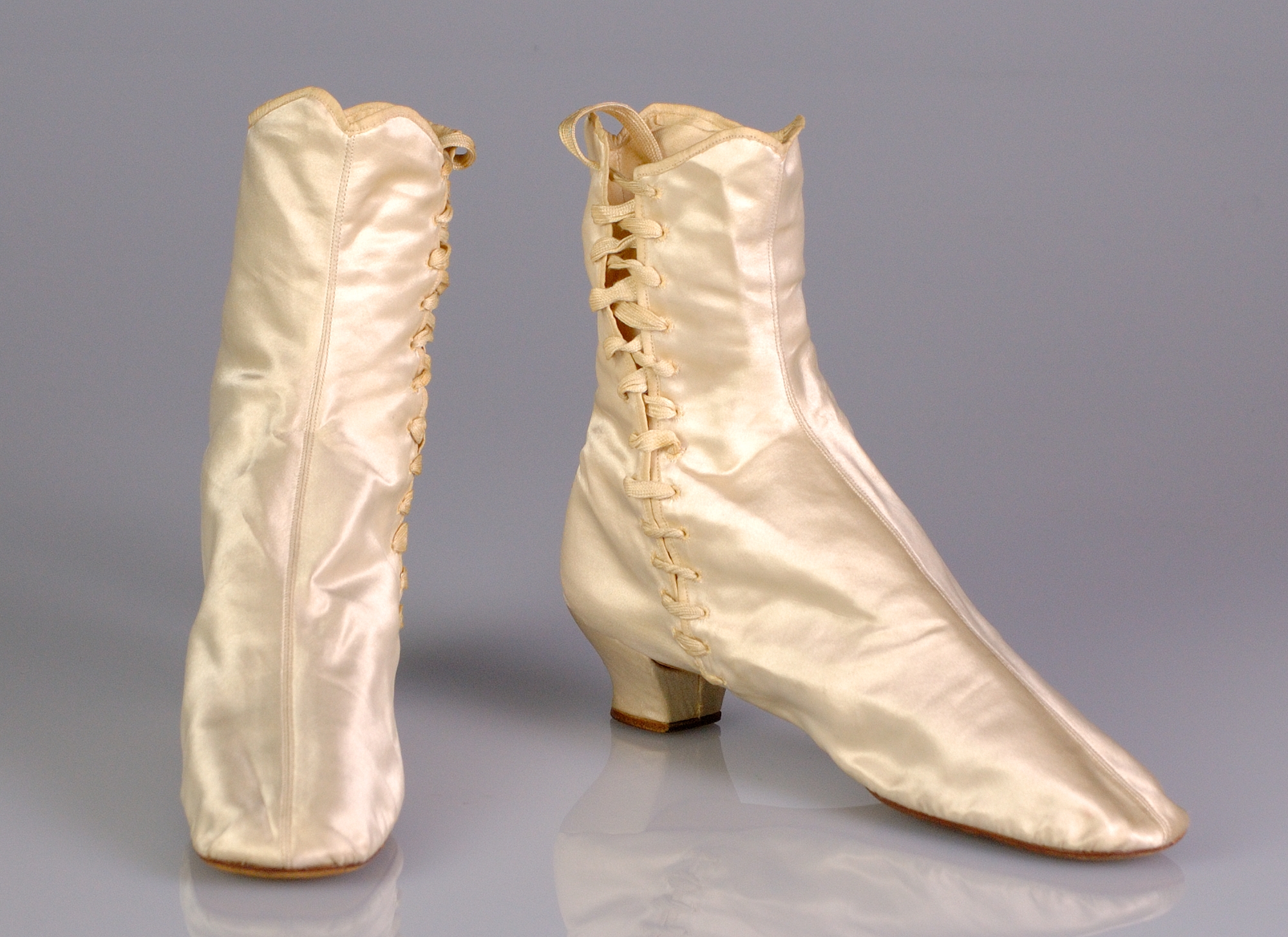 Vintage Ivory Satin Lace-Up Boots