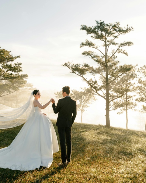 Wedding Couple on Misty Grassy Hillside