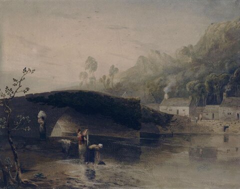 Rural River Bridge Landscape with Washerwomen