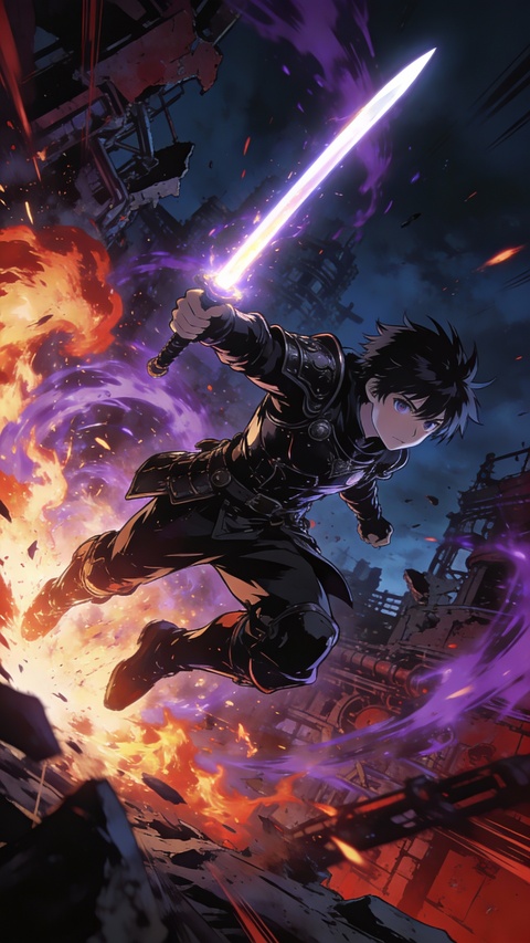 Anime Swordsman Leaping Into Battle