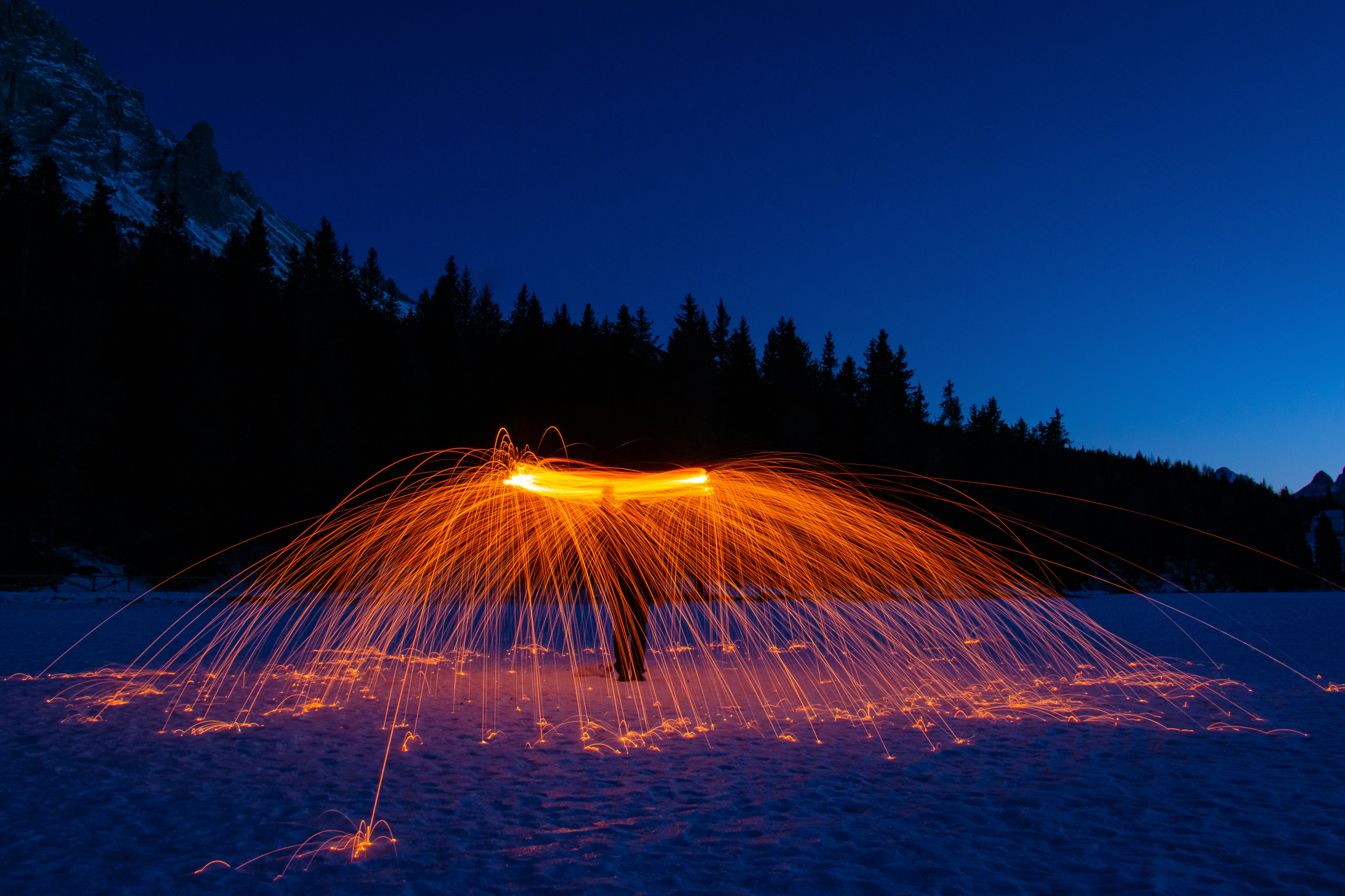 Night Steel Wool Spinning in Mountains