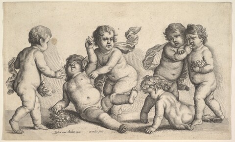 Engraving of Six Playing Infants