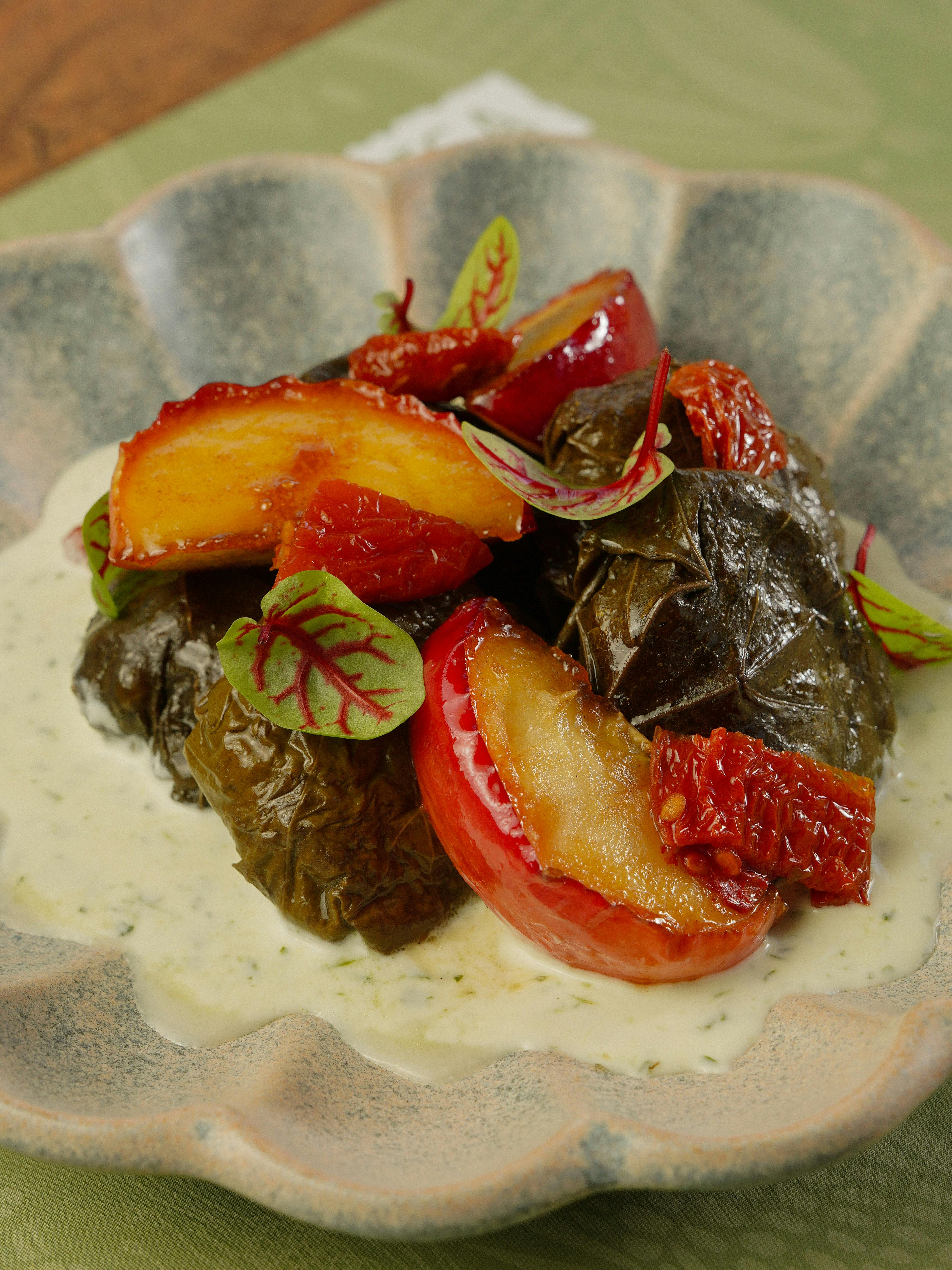 Stuffed Grape Leaves with Roasted Fruit
