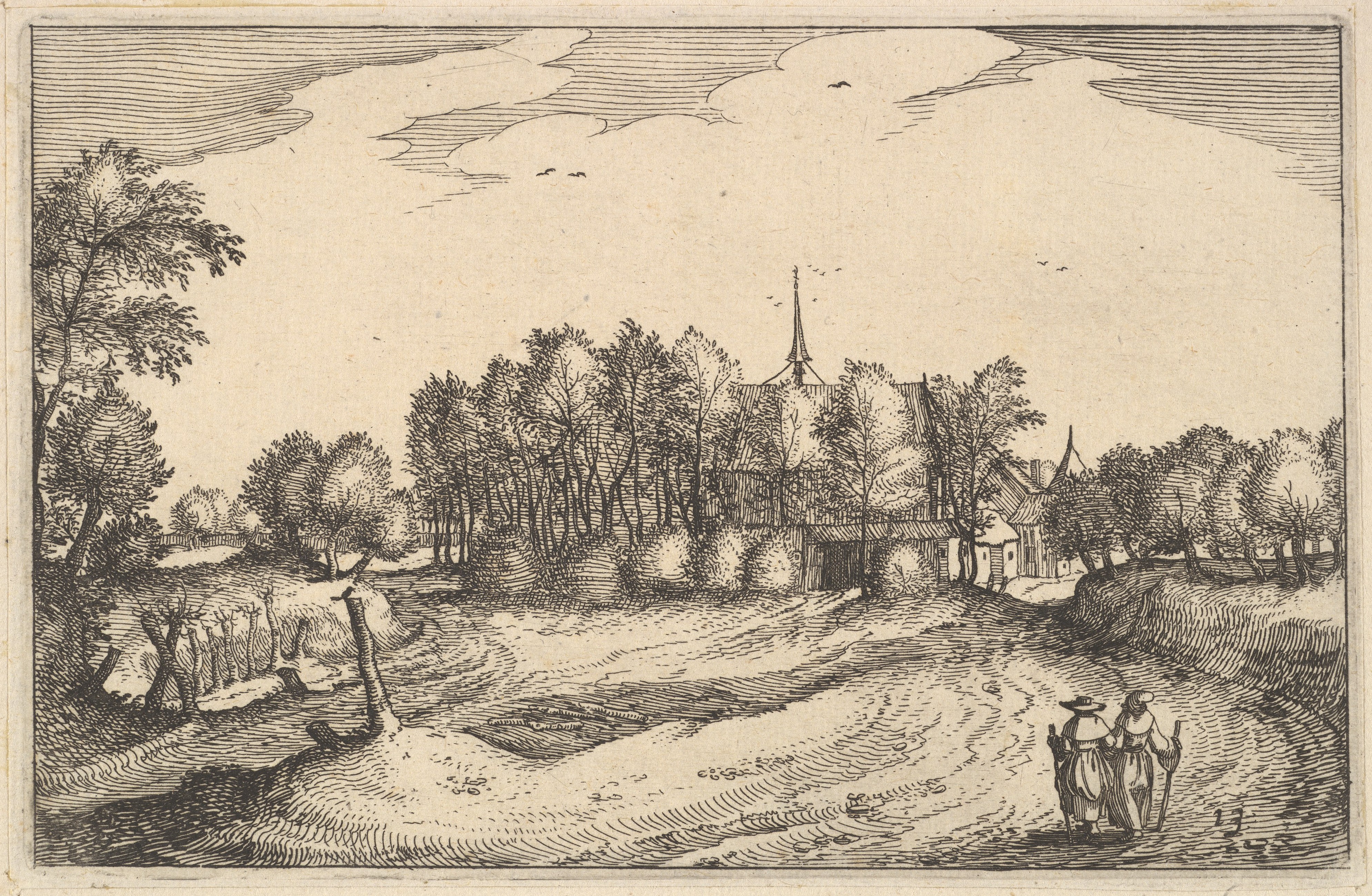 Countryside Landscape with Two Walking Travelers