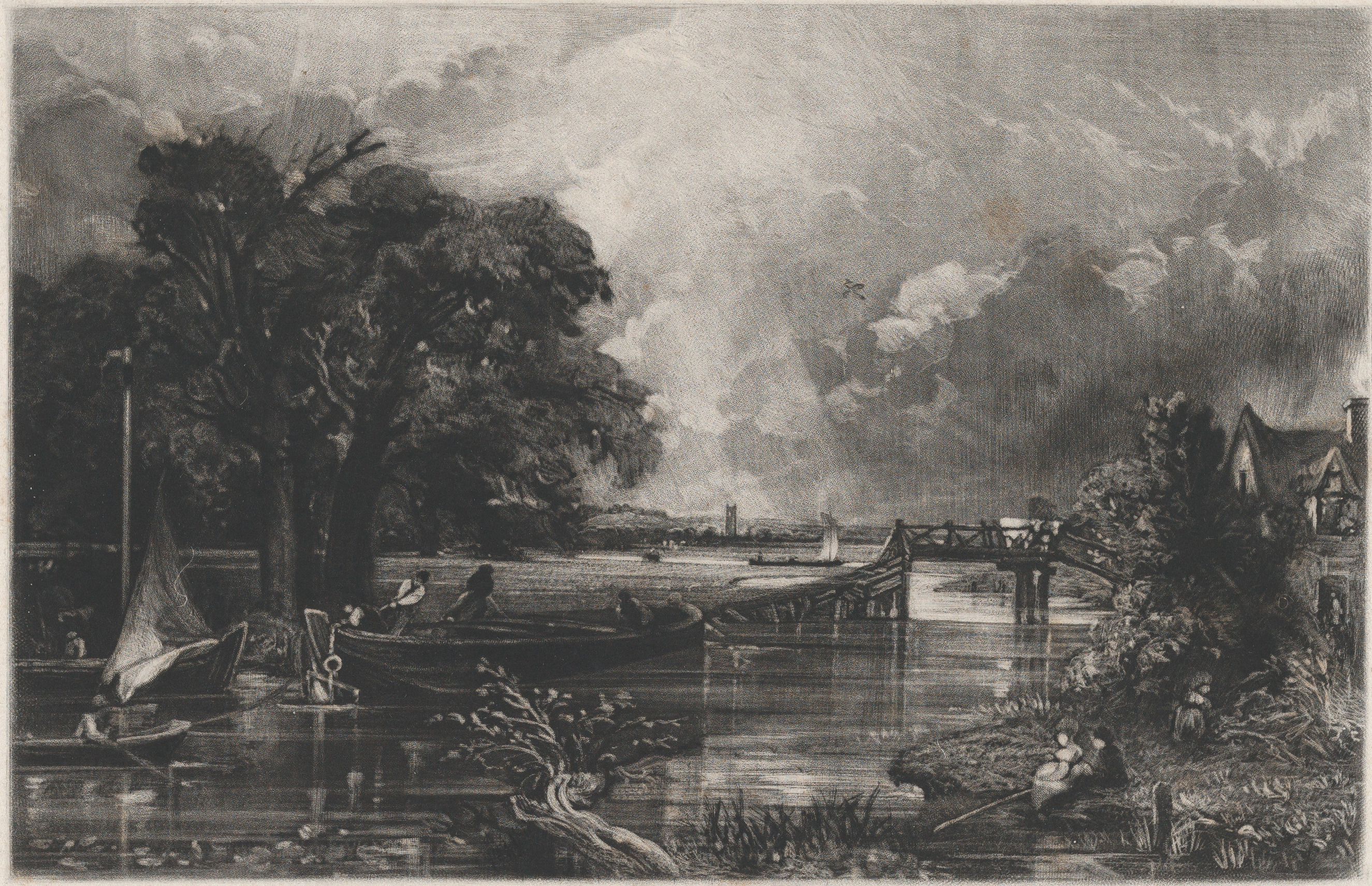 Vintage River Landscape Etching