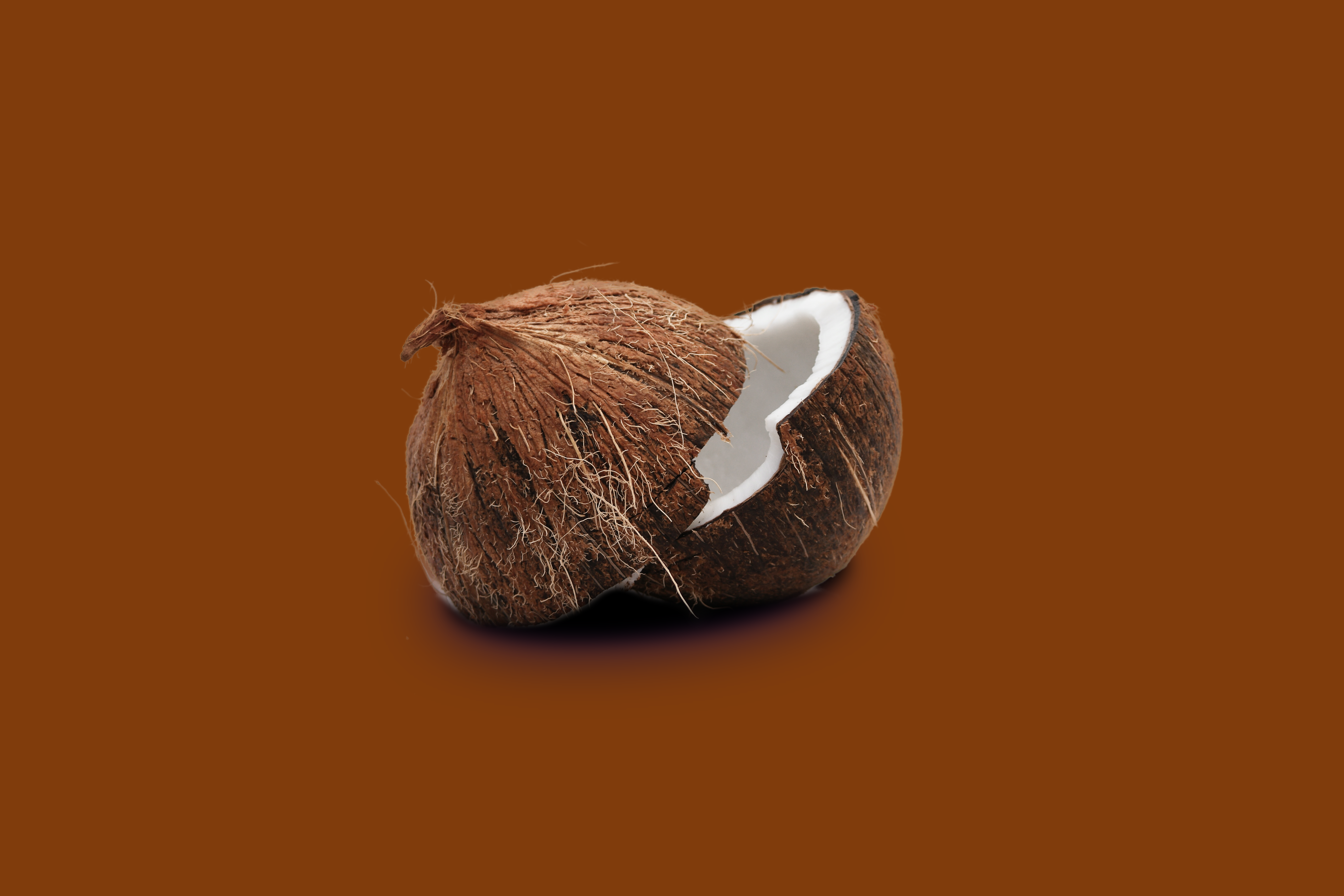 Cracked Coconut on Brown Background