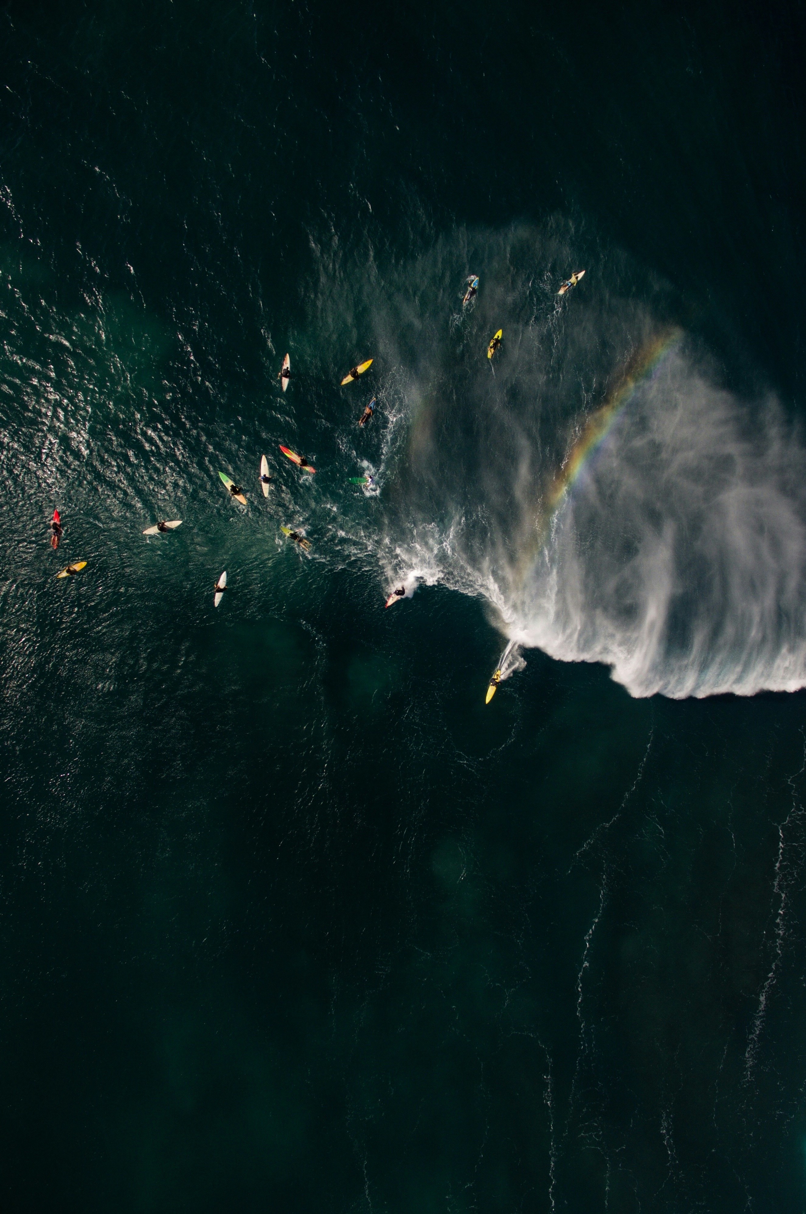 Aerial View of Surfers on Ocean Wave