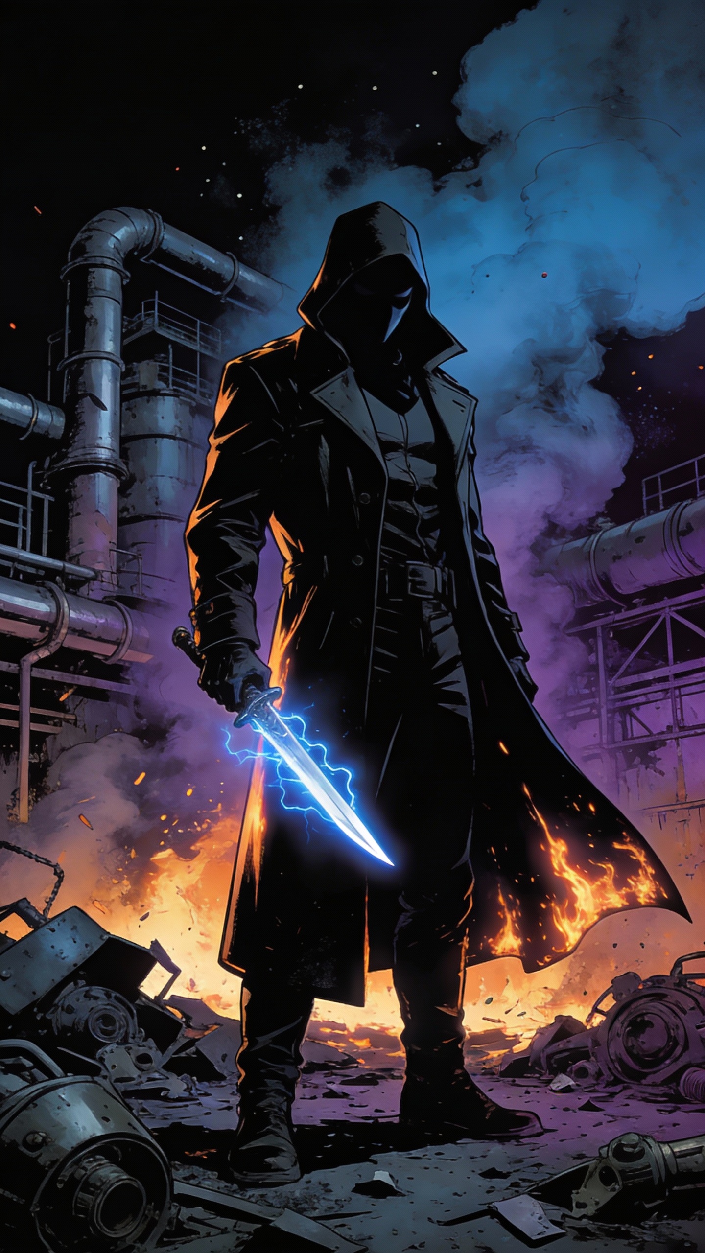 Hooded Assassin in Burning Industrial Ruin
