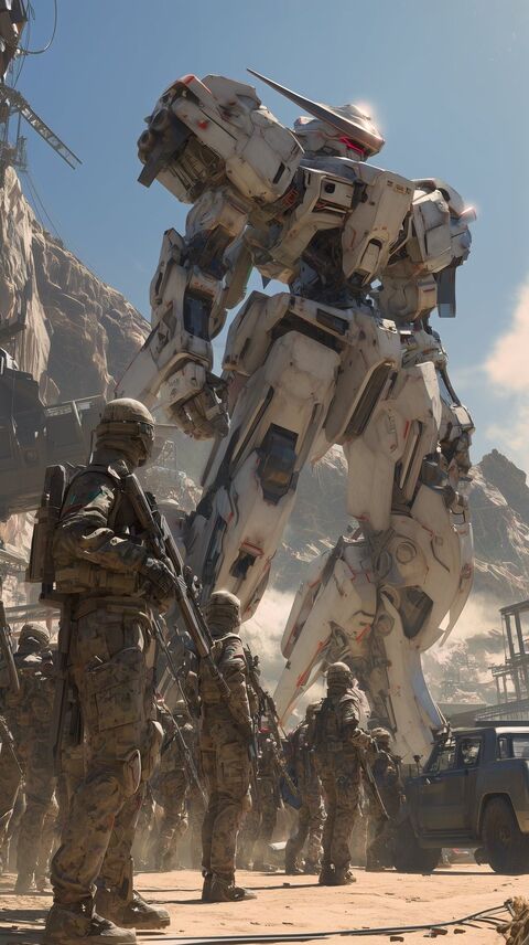 Giant Combat Mech and Soldiers in Desert