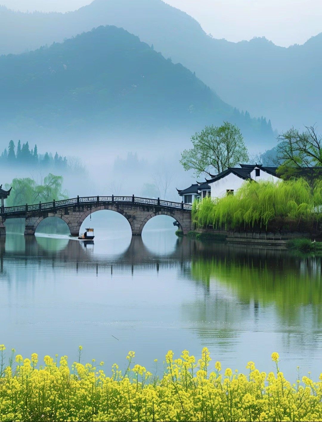 Misty Riverside Village Landscape