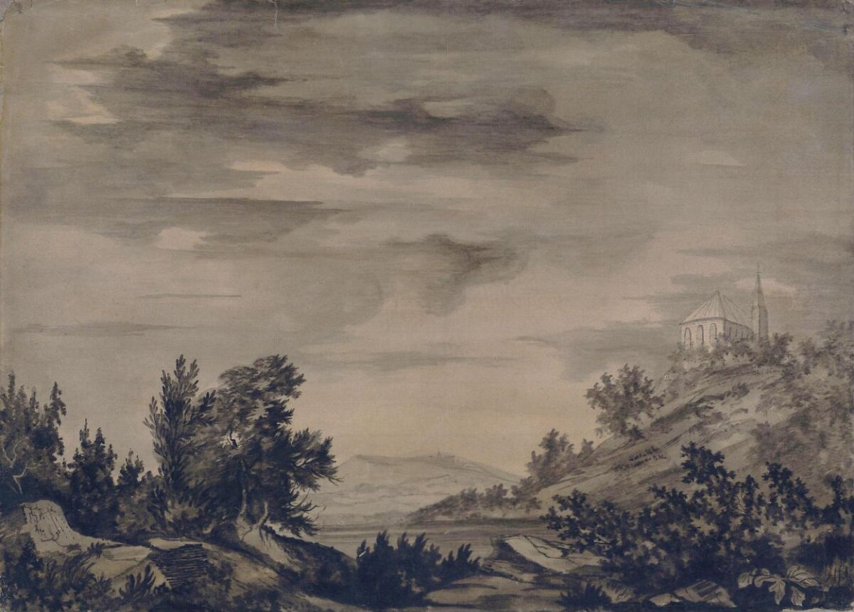 Monochrome River Landscape with Hilltop Church