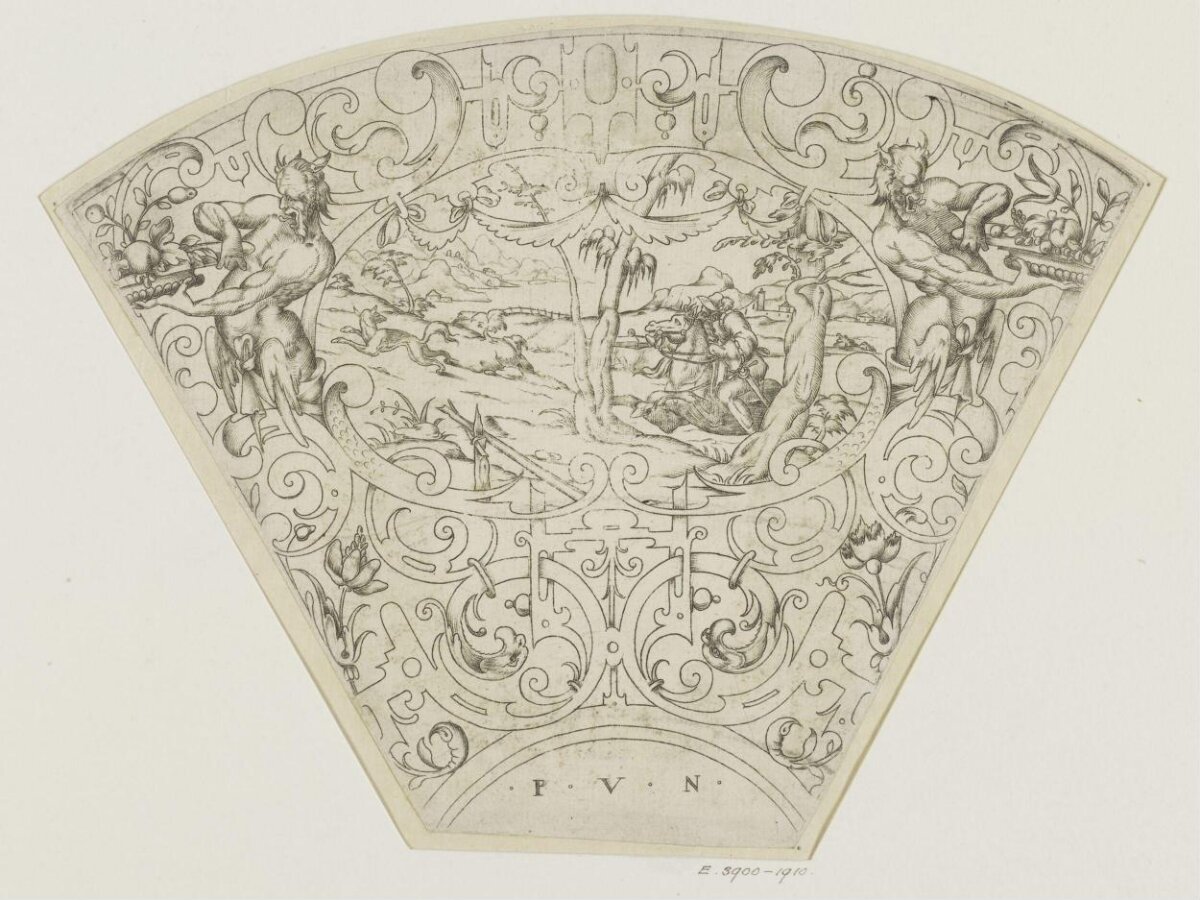 Fan-Shaped Hunting Scene Engraving