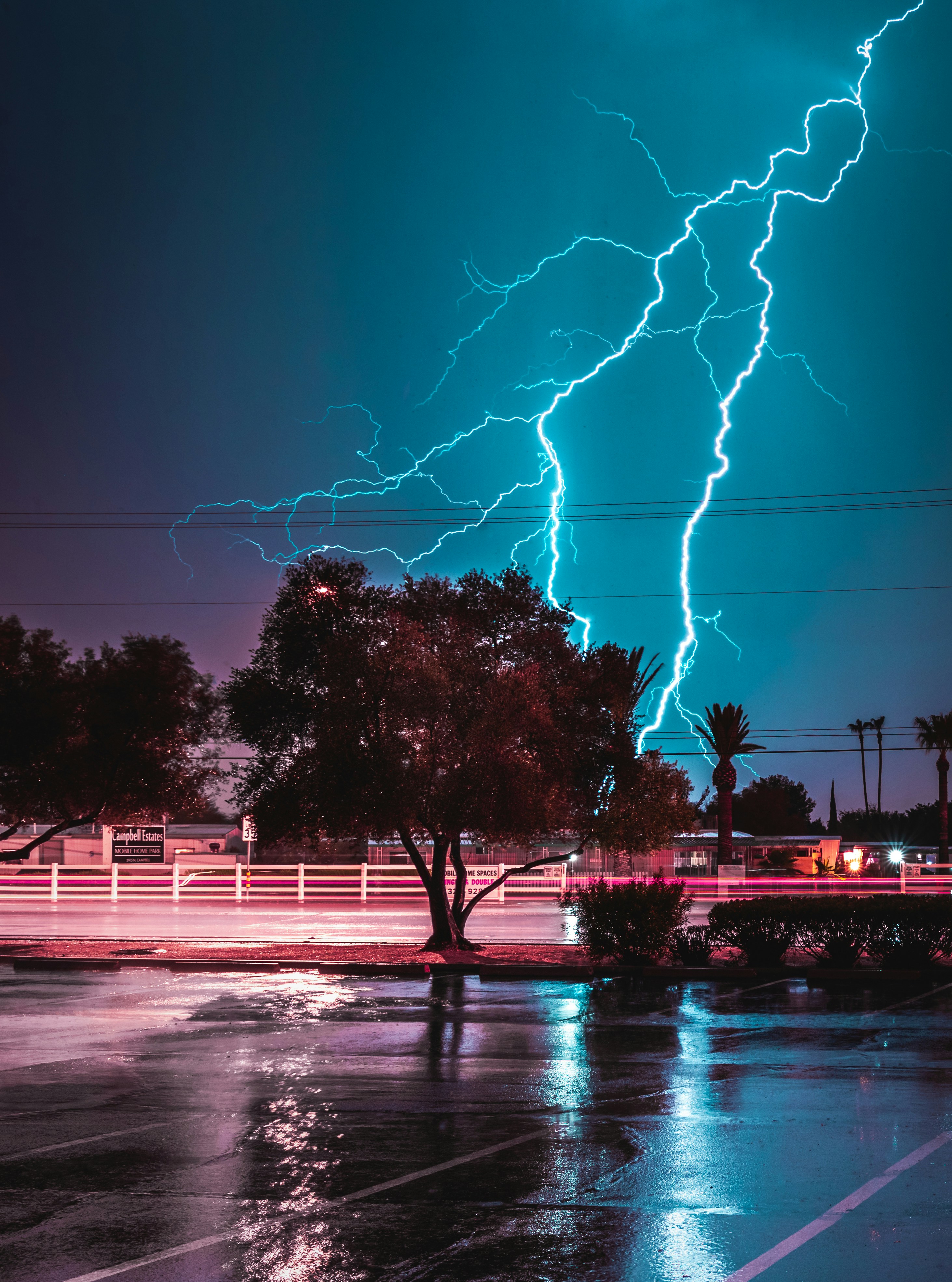 Night Lightning over Suburban Parking Lot