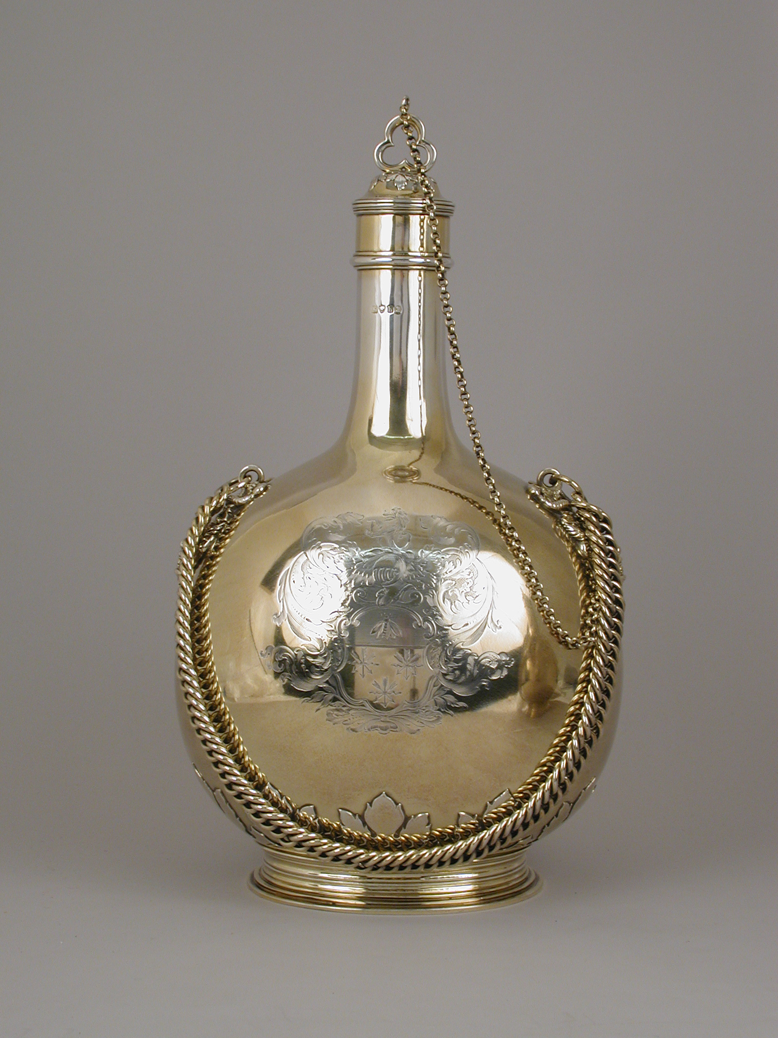 Antique Engraved Silver Gilt Flask