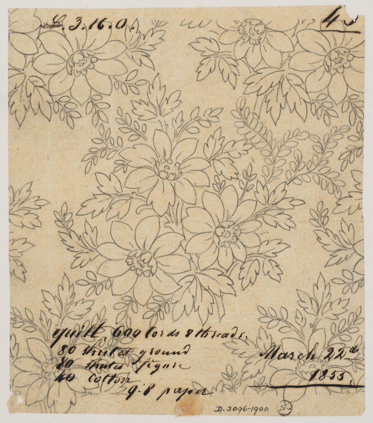 1853 Floral Textile Design Sketch