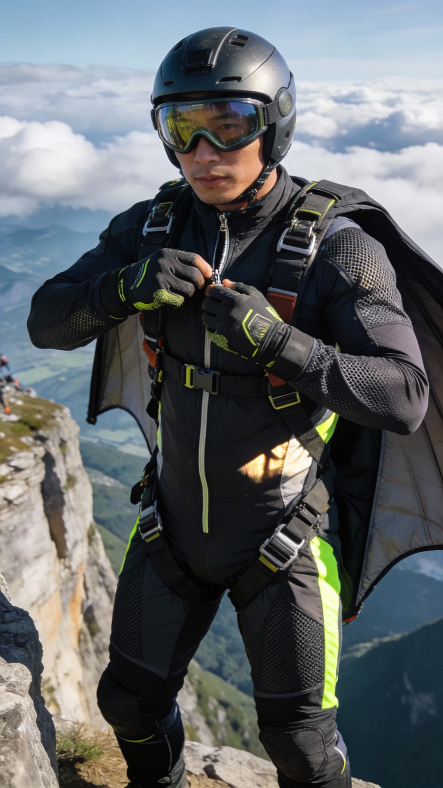 Wingsuit Skydiver Preparing on Cliff Top