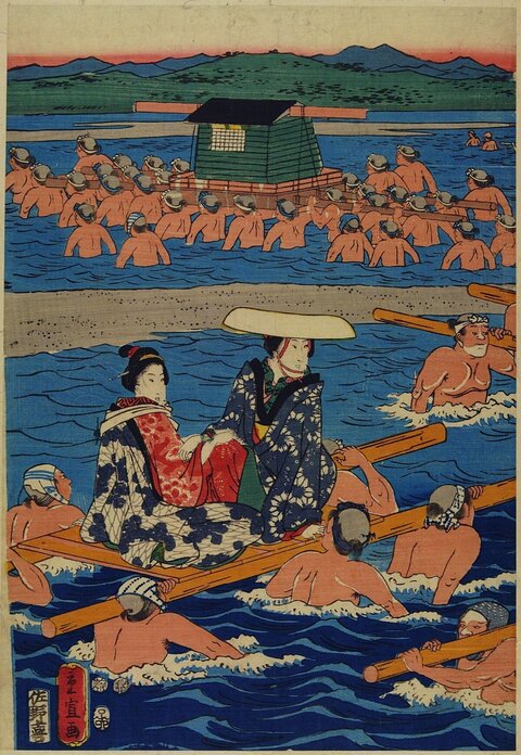 Ukiyo-e River Crossing Scene