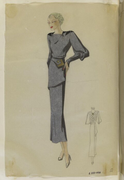 1930s Grey Dress Fashion Design Sketch
