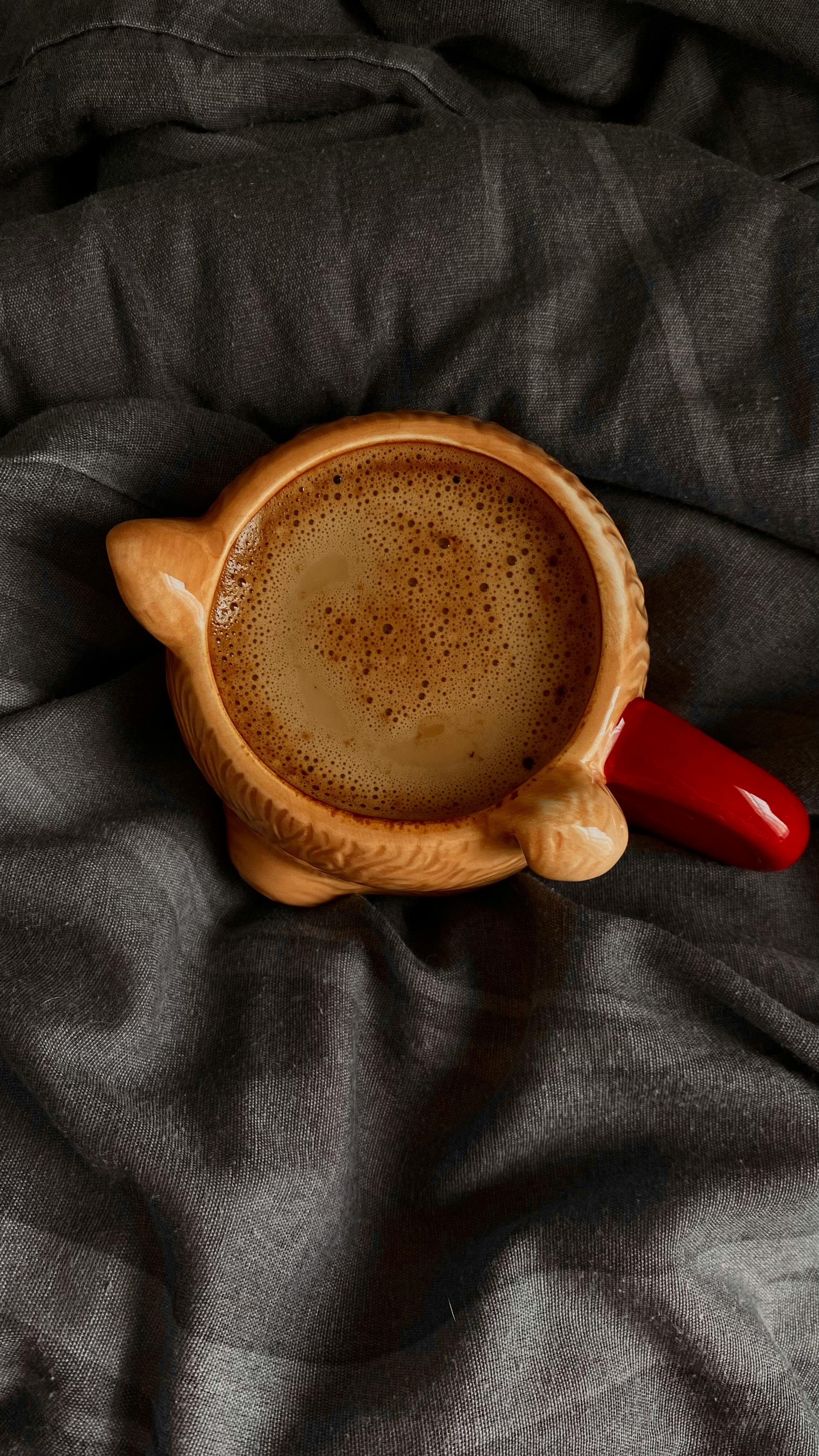 Frothy Coffee in Cute Mug on Bedding
