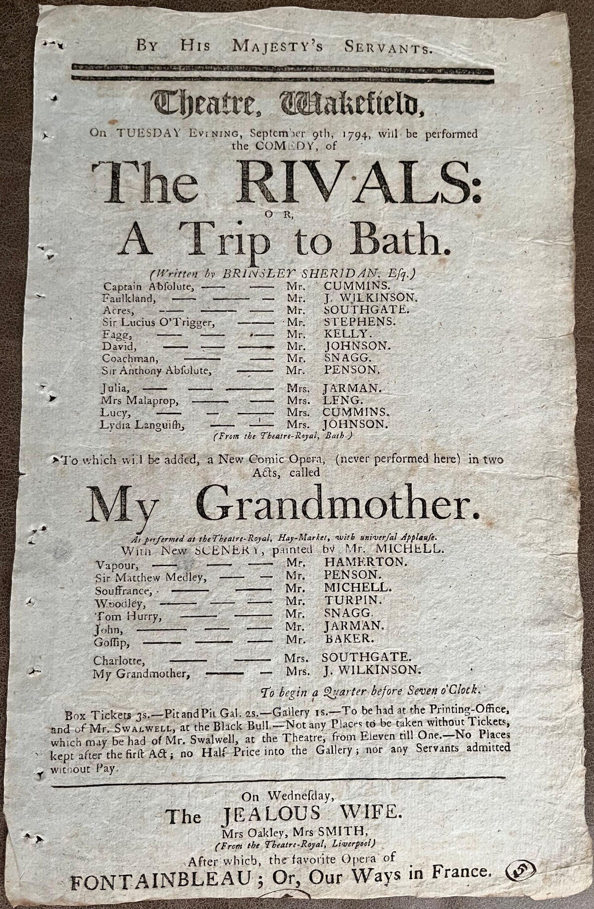 1794 Wakefield Theatre Playbill