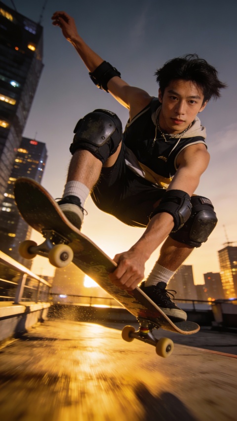 Skateboarder Performing Trick At Dusk