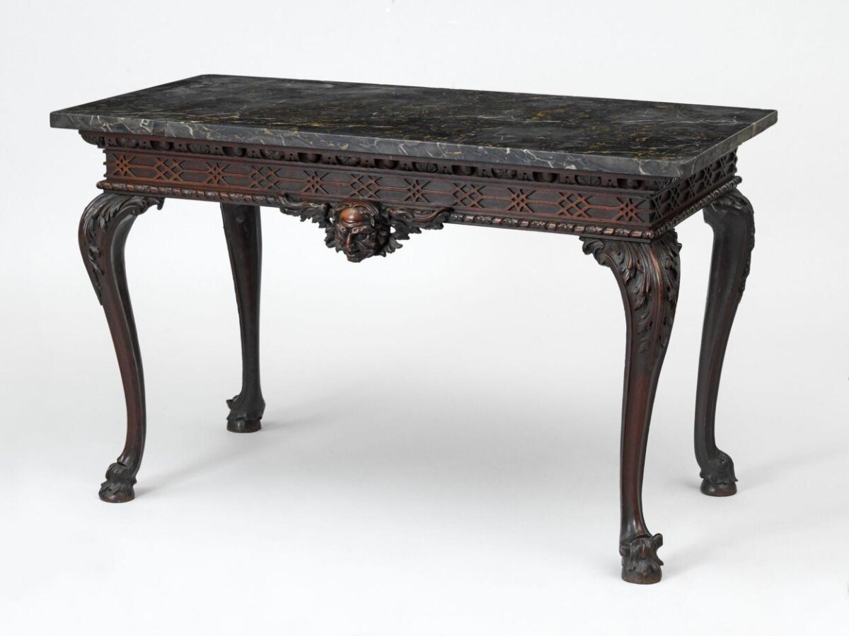 Carved Wooden Marble Top Console Table