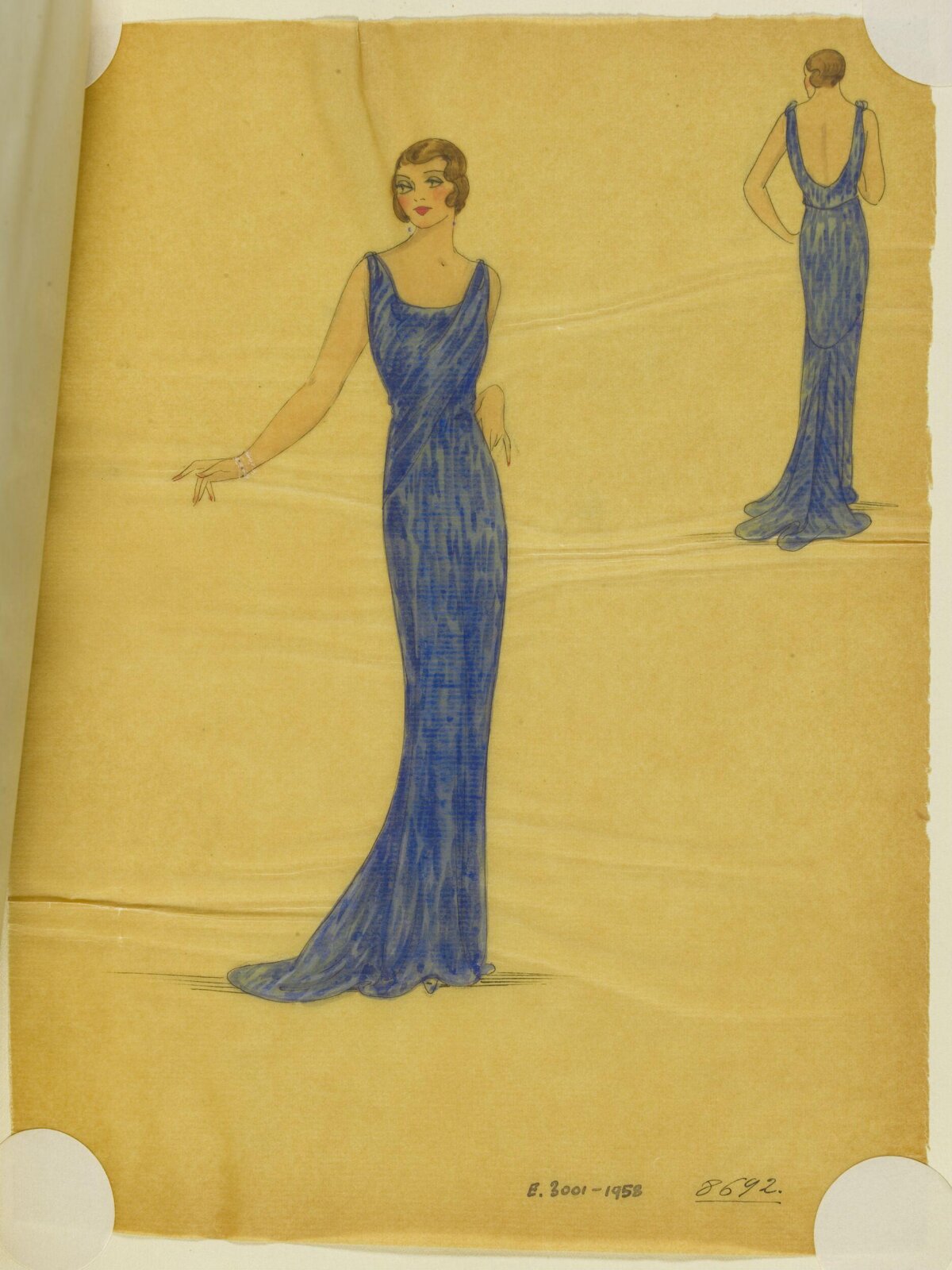 Vintage Blue Evening Gown Fashion Sketch