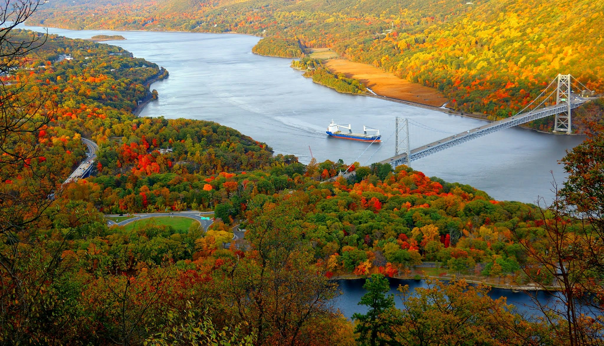 Autumn River Landscape With Suspension Bridge