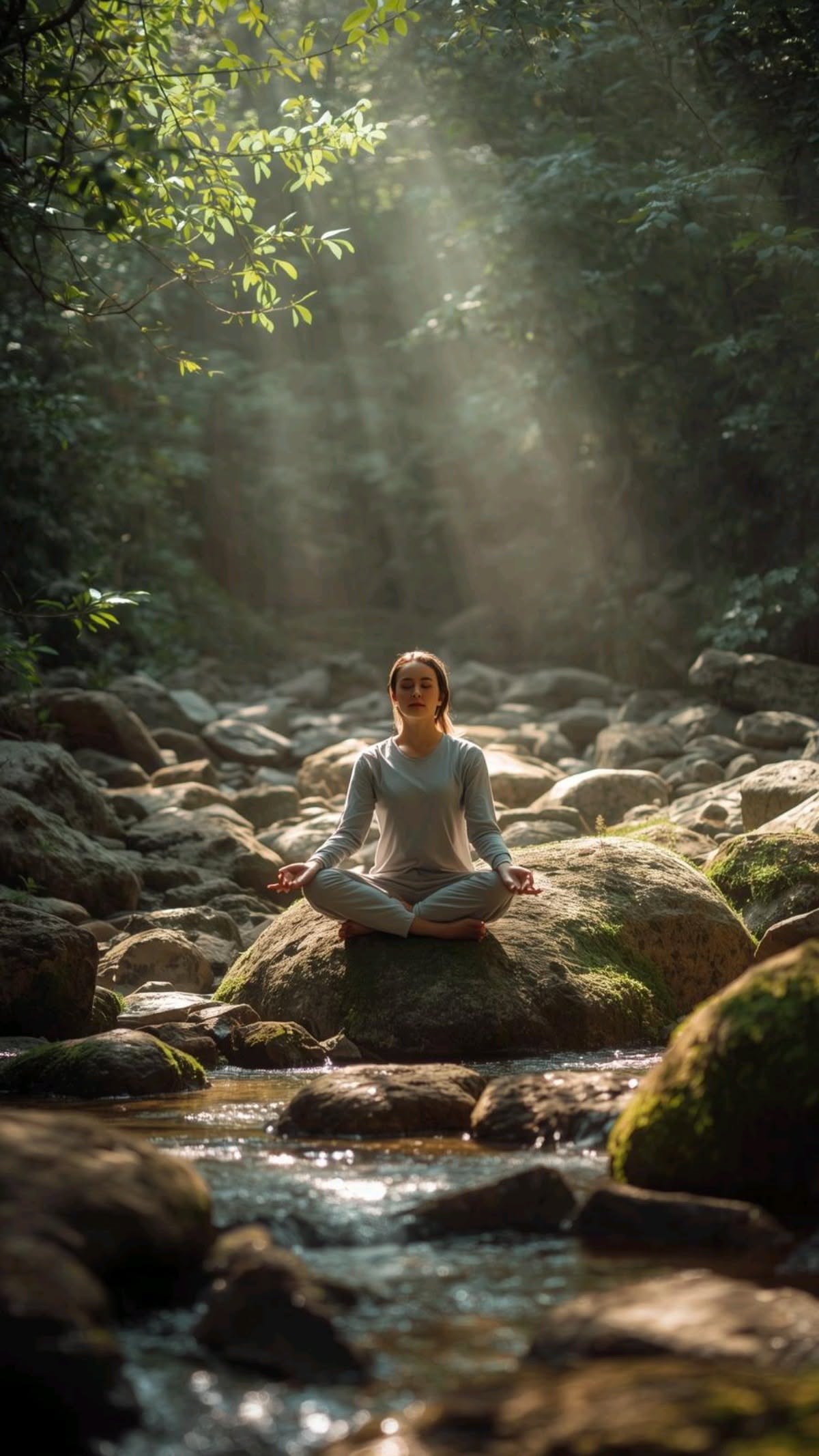 Woman Meditating by Forest Stream