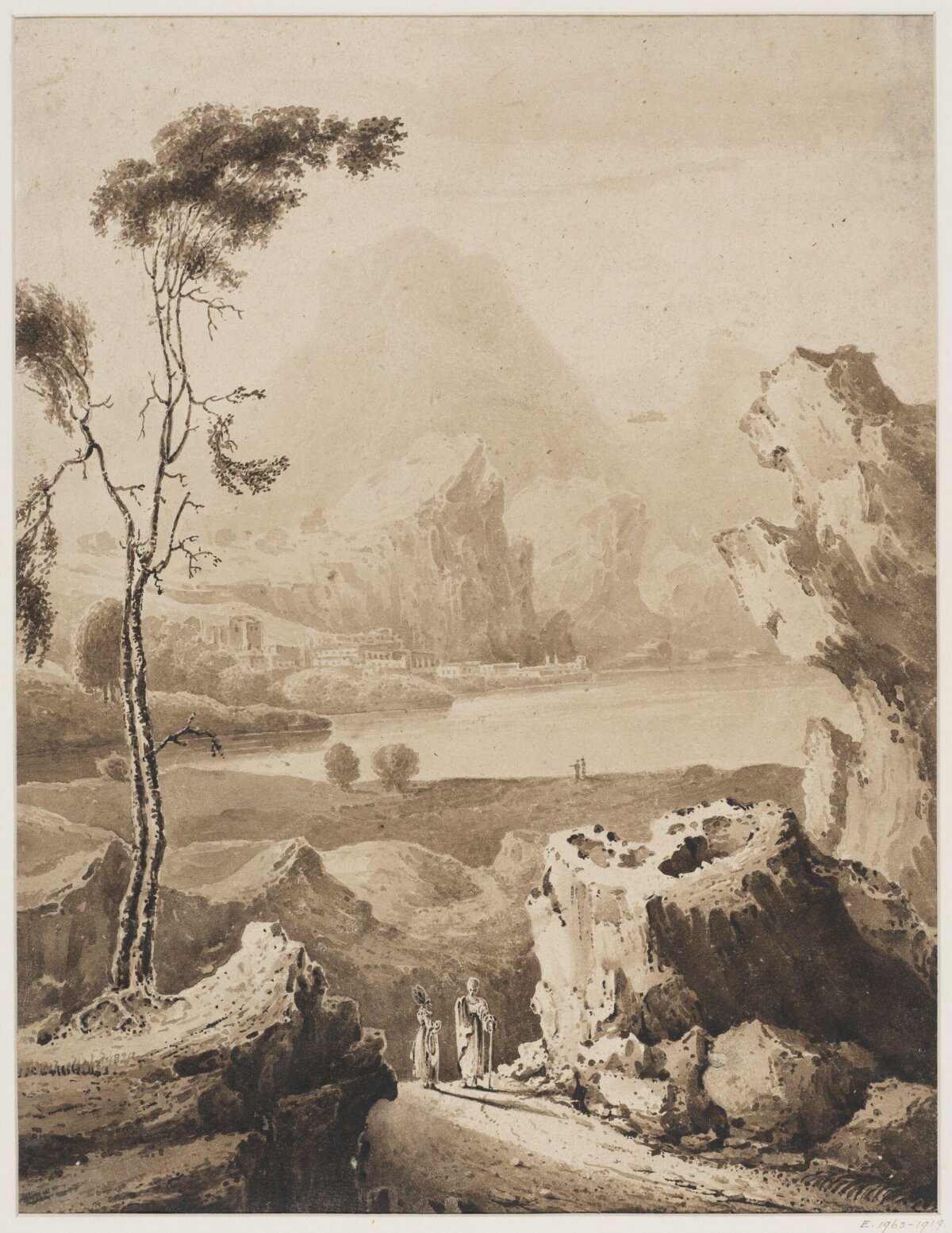 Mountain Lake Landscape with Two Travelers