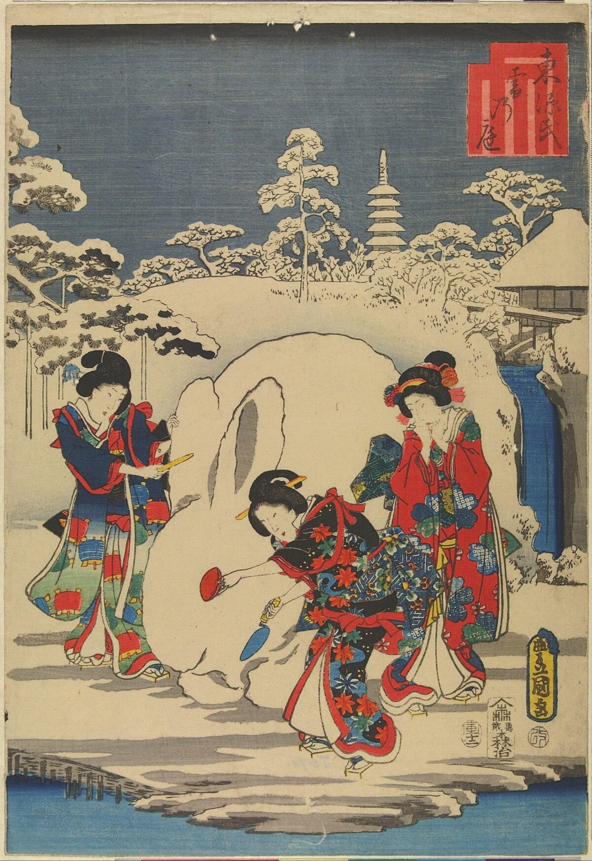 Ukiyo-e: Three Women Building Snow Structure
