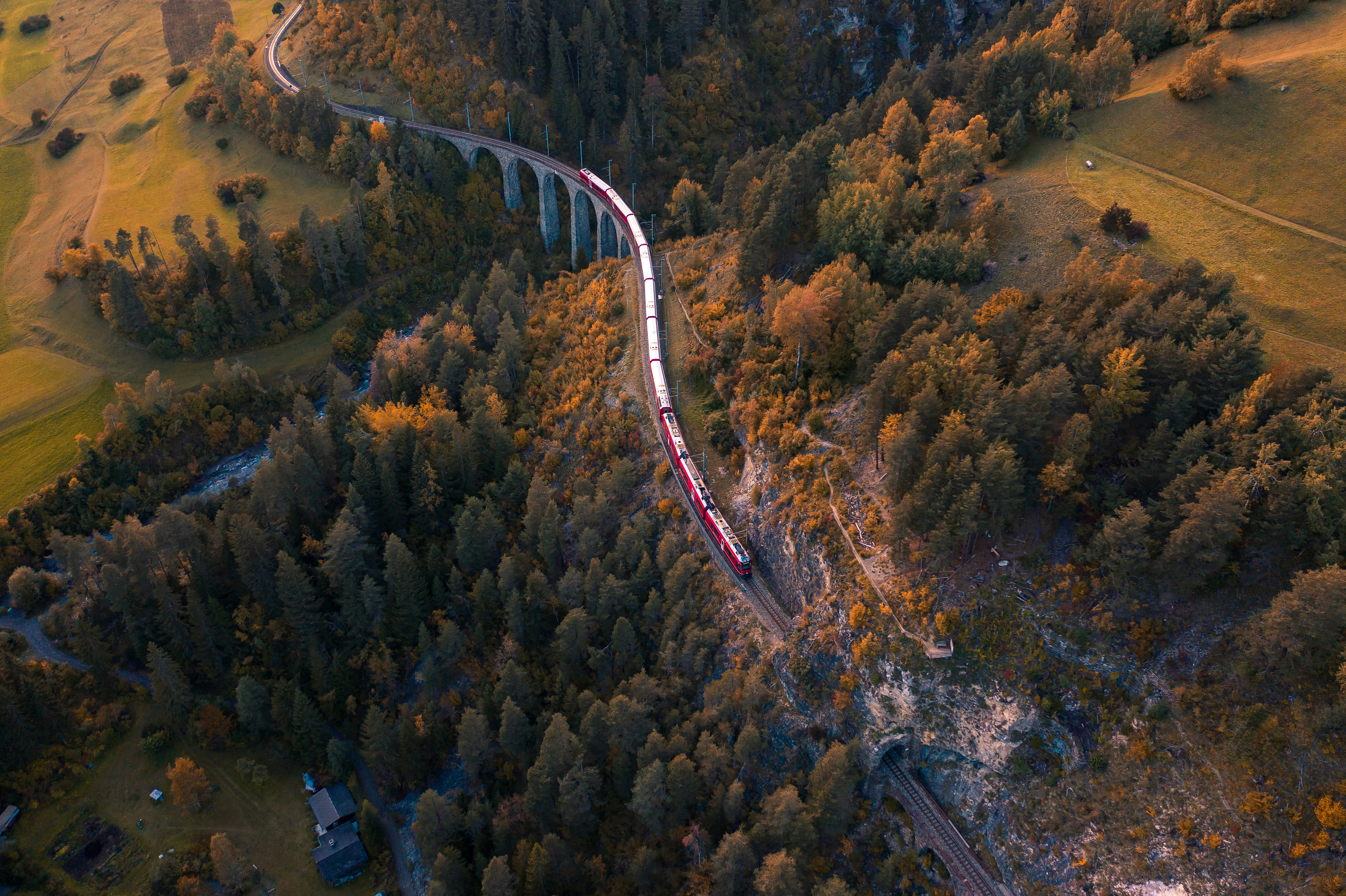 Red Train Crossing Mountain Valley Viaduct
