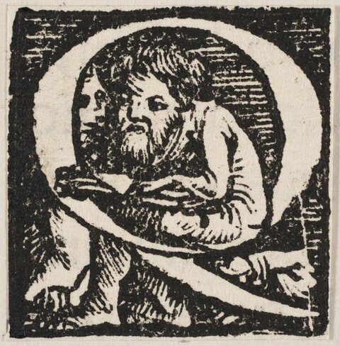 Woodcut of Haloed Saint with Sword