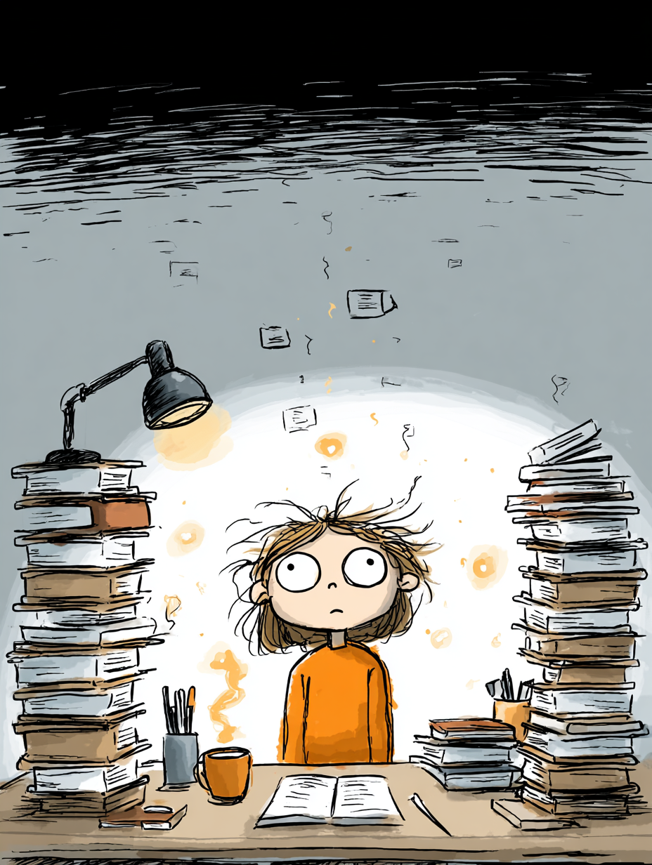 Overwhelmed Student at Study Desk