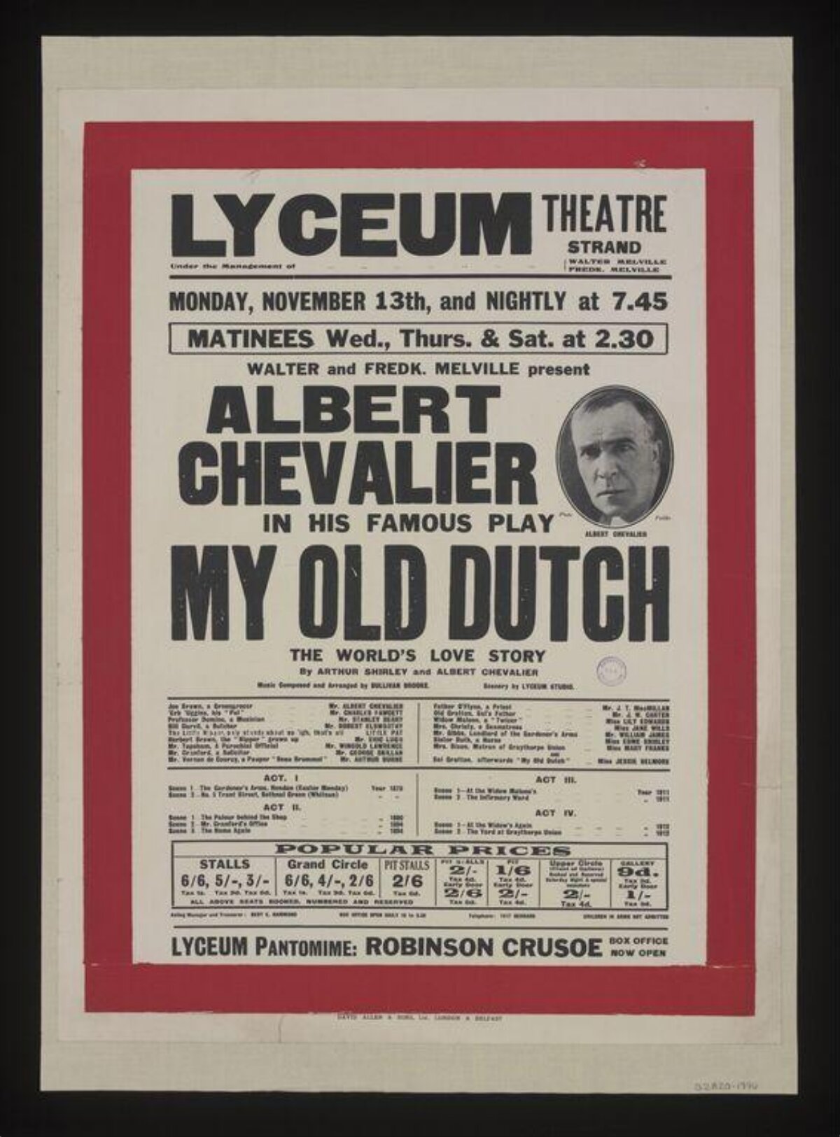 Vintage Lyceum Theatre My Old Dutch Play Poster