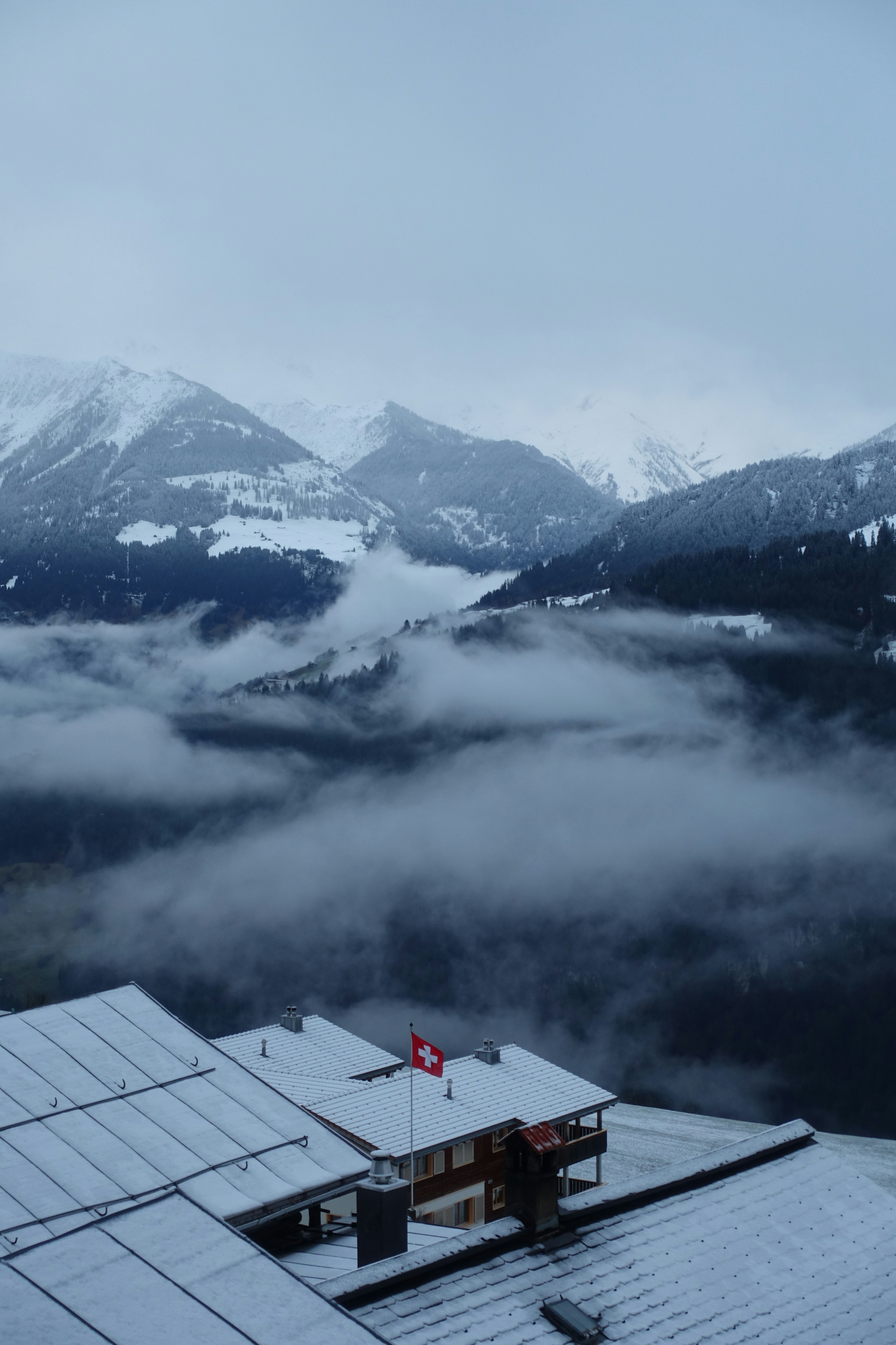 Misty Snowy Swiss Alpine Valley