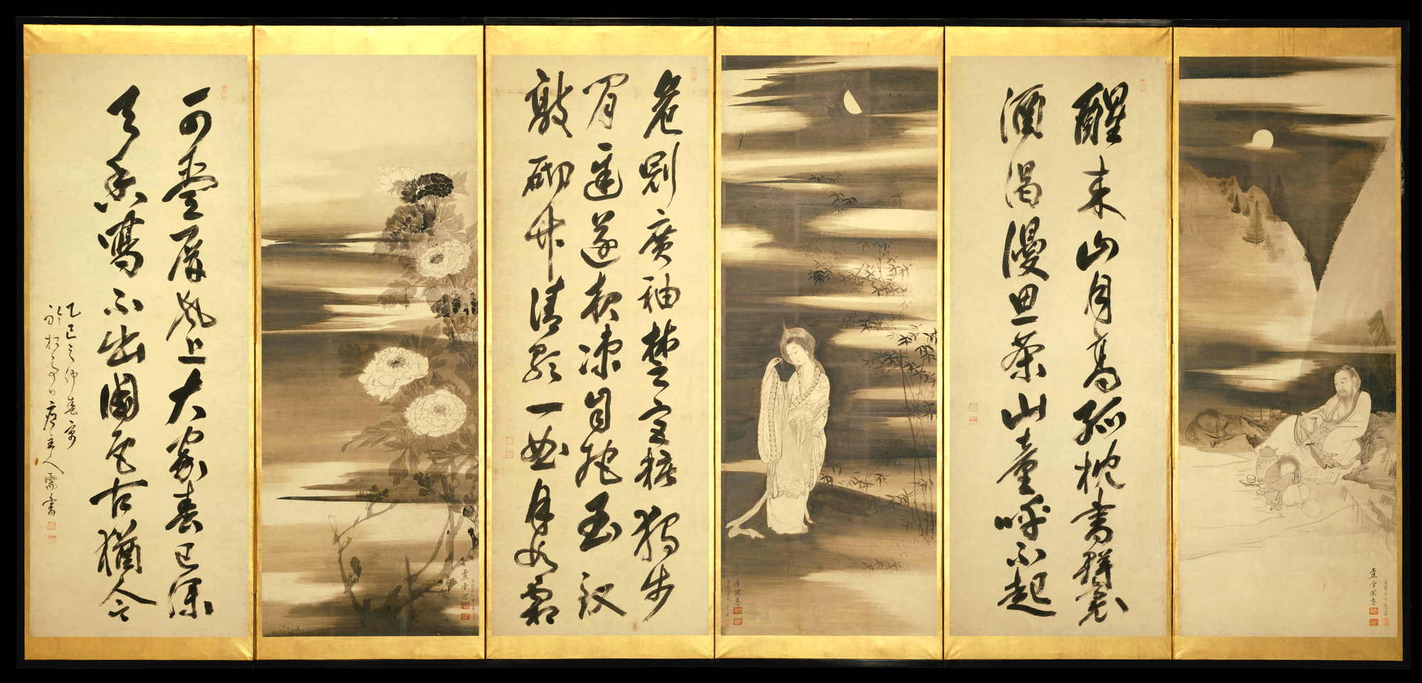 Six-panel Screen with Calligraphy and Painting