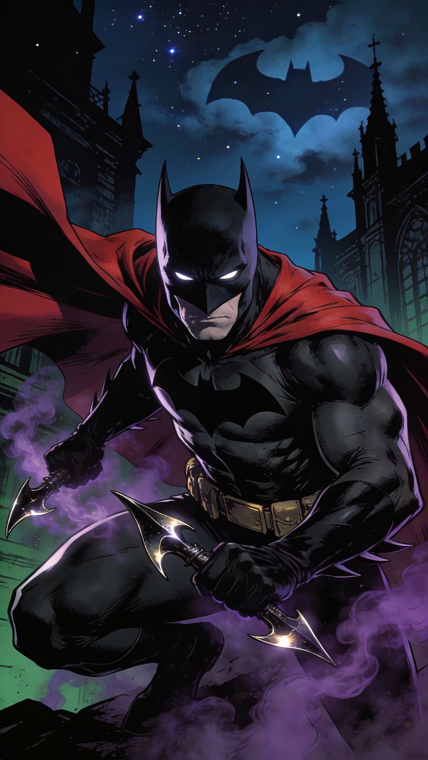 Batman with Bat Signal Over Gotham