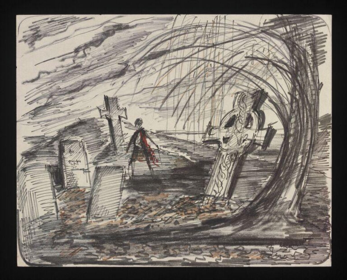 Lone Figure in Graveyard Sketch
