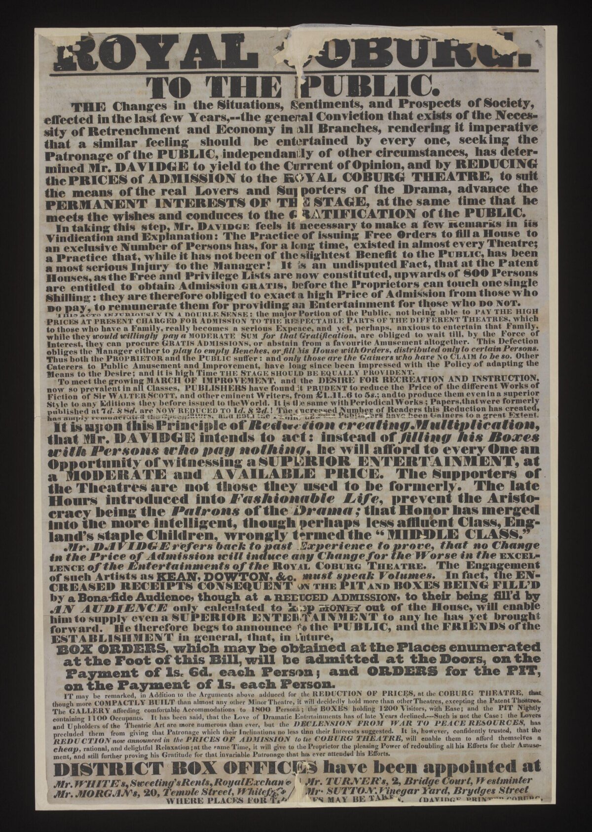 Royal Coburg Theatre Public Notice Poster