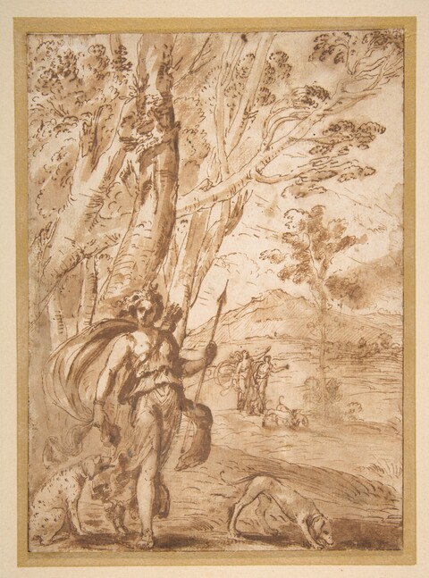 Brown Ink Sketch of Hunting Goddess