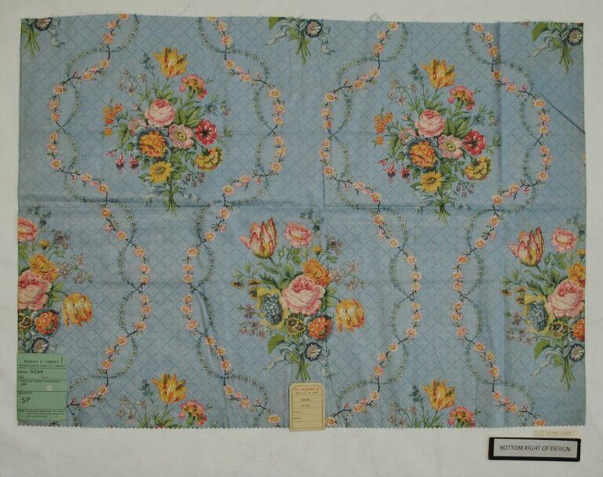 Vintage Blue Floral Print Fabric Sample