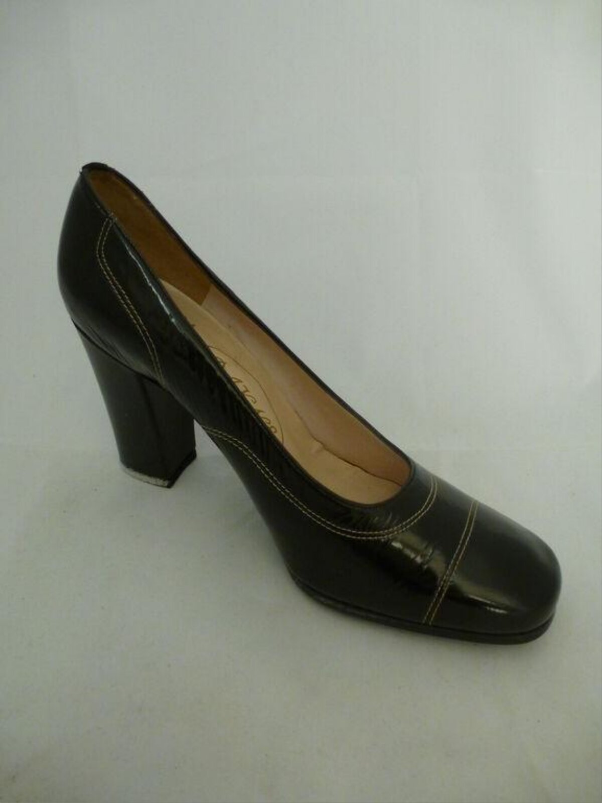 Glossy Black Leather Block Heel Pump