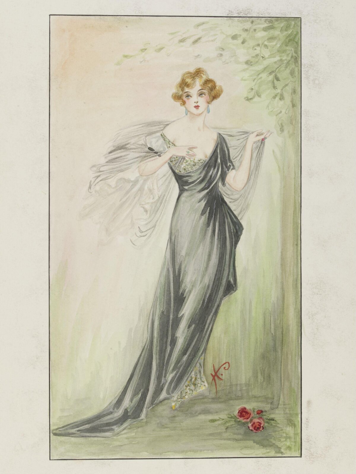Watercolor Portrait of Woman in Evening Gown