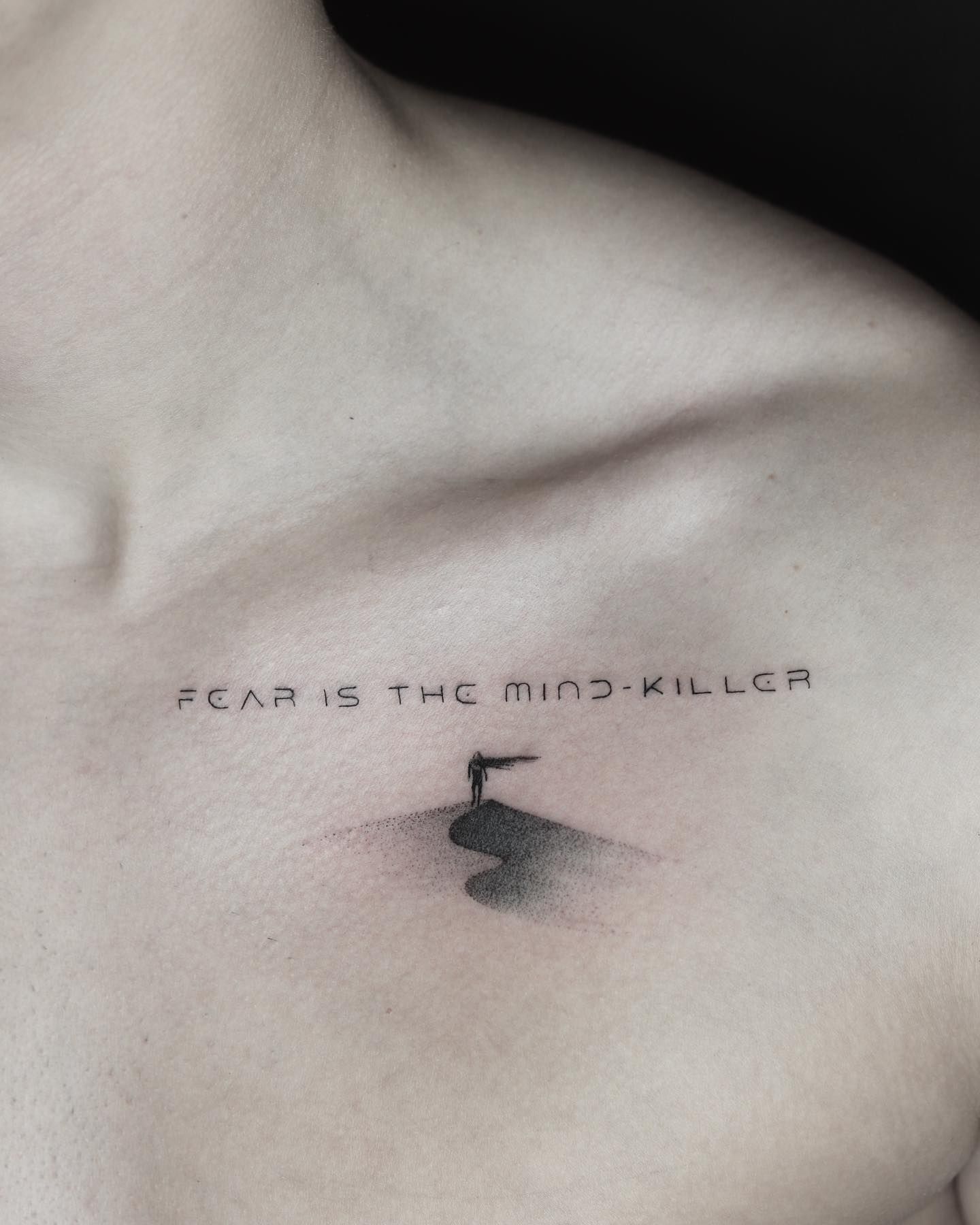 Dune Quote Fine Line Chest Tattoo