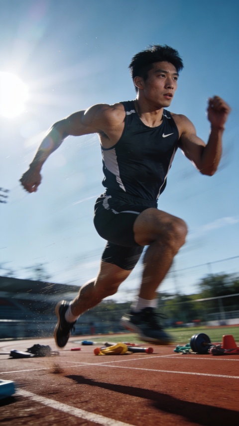 Male Athlete Sprinting on Running Track